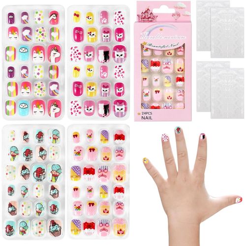 Oayew-Lot De 4 Faux Ongles À Presser Pour Enfants, Couverture Complète Faux Ongles Artificiels, Ongles À Coller Courts Carrés Motif Licorne Chat, Press On Nail Pour Enfants Filles Manucure Des Ongles 
