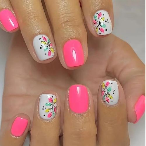 Kal-24 Pièces Ongles Press On Fleurs Courts Carrés Faux Ongles Avec Design Joli Faux Ongles Couverture Complète Stick On Ongles Brillants Ongles De Printemps Ongles Autocollants Roses 