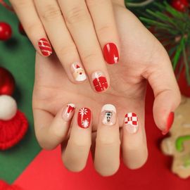 Jum-24 Pcs Noël Faux Onglesmignon Père Noël Flocon De Neige Wapiti Faux Ongles Ongles Courts Pressés Sur Faux Ongles(A) 