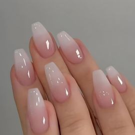 Kal-24 Pièces Faux Ongles Cercueil Moyen Press On Nails Français Rose Blanc Glossy Couverture Complète Ongles À Presser 12 Tailles Acrylique Bâton Sur Ongles Pour Femmes Et Filles Nail Art 