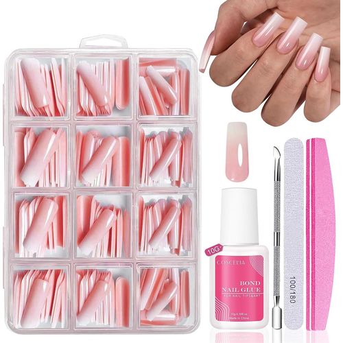 Oayew-Lot De 240 Faux Ongles Français À Coller - Design Dégradé Blanc Rose - Couverture Complète - Manucure Pour Extensions D'ongles Avec Boîte (Cercueil Rose) 
