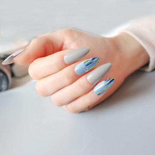 Tianyi-Lot De 24 Faux Ongles Courts En Acrylique, En Forme D'amande, À Coller, Avec Colle À Ongles, Motif Islande, Lumière Polaire Française, Pour Femmes Et Filles 