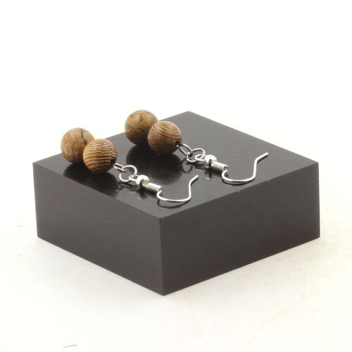 Boucles D'oreilles 2 Perles Jaspe Paysage + Bois 8 Mm En Acier Fabriqué En France.