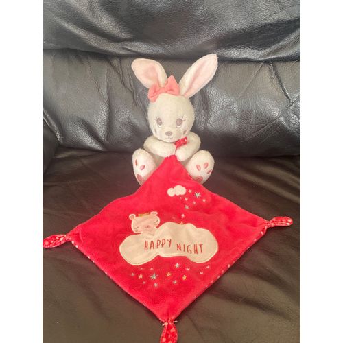 Doudou lapin SIMBA KIABI peluche blanche doudou rose mouchoir happy night 