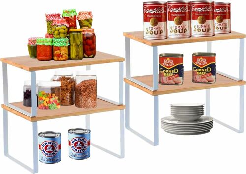 Sjzg-Lot De 4 Étagères De Rangement Métalliques Pour Placard De Cuisine, Étagère Vaisselle En Bambou, Organisation De Cuisine, Empilables Comptoirs Et Garde-Manger - Blanc