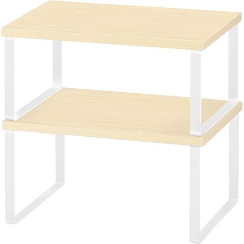Cheng-Lot De 2 Organisateurs De Cuisine, Supports Pour Placard, En Métal Et Bambou Étagère Empilable Extensible, Pour Etagère Vaisselle, Comptoirs, Garde-Manger, Bocaux, Tasses, Assiettes¿Blanc¿