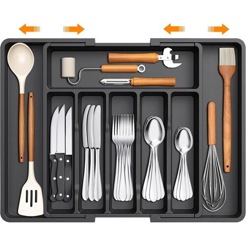 Jexnovashop-Range Couverts, Organisateur Réglable Pour Vaisselle 33x56x38 Cm, Organisateur Couverts Tiroir Cuisine, Cuillères Fourchettes Couteaux Boîte De Rangement, Range Couverts Pour Tiroir, Noir