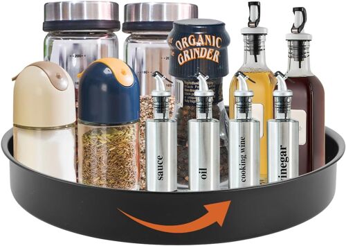 Sjzg-Plateau Tournant Noir - Organiseur De Réfrigérateur De Cuisine - 30 Cm - Étagère À Épices Rotative En Métal - Organiseur De Cuisine Rotatif À 360 ° - Pour Armoire, Garde-Manger, Plan De Travail,