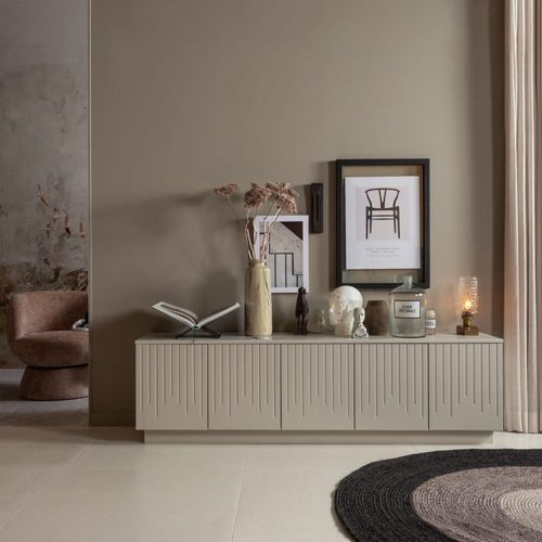 Meuble Tv 4 Portes En Bois De Pin, Gris