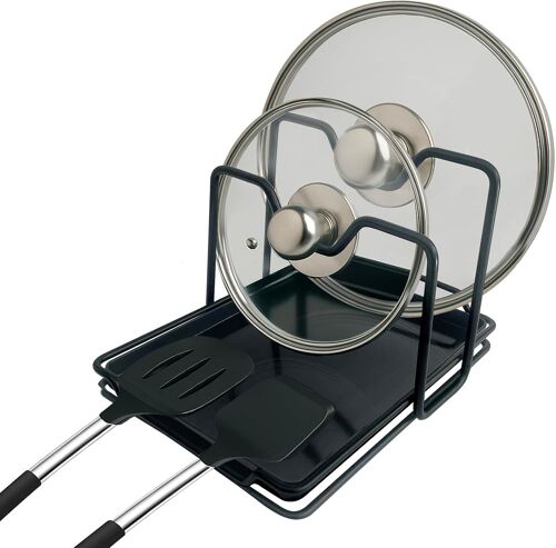 Sjzg-Support De Rangement Pour Couvercle De Casserole De Cuisine, Repose-Cuillère À 2 Niveaux Avec Plateau D'égouttement, Acier Inoxydable Noir