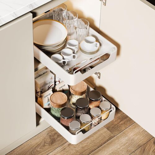 Sjzg-Tiroir Coulissant Cuisine, Panier Coulissant Pour Placard De Cuisine, Telescopique Tiroir Cuisine Sans Perçage, 1 Unité Rangement De Cuisine Coulissant (Blanc, 42 Cm X 25 Cm X 6 Cm)