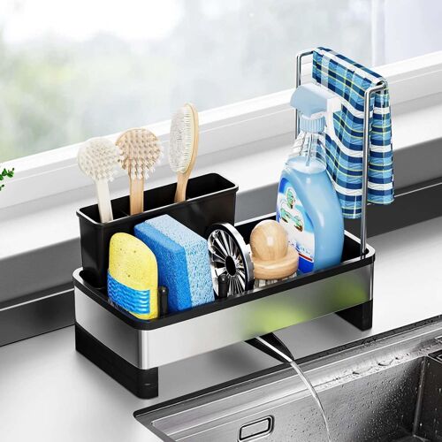 Sjzg-Organiseur D'évier De Cuisine En Acier Inoxydable, Support D'éponge À Vidange Automatique Pour Évier Avec Porte-Serviette, Torchon, Brosse Pour Comptoir, Distributeur De Savon, Organisateur De