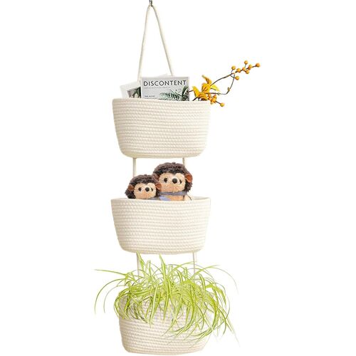 Sjzg-Paniers Muraux En Coton À 3 Niveaux \U2013 Paniers Suspendus Décoratifs À 3 Niveaux Pour Mur, Chambre D'enfant, Panier Mural Bohème Pour L'organisation, Panier Suspendu Pour Salle De Bain