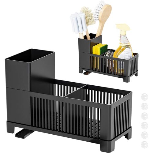 KALANKA-Support Eponge Evier Cuisine,Organisateur d'Éponge, Organisateur d'Évier en Plastique avec Plateau d'Égouttage Automatique pour Accessoires De Cuisine Éponge/Brosse/Porte-Savon