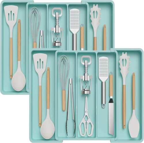 Sjzg-Lot De 2 Organiseurs D'ustensiles Pour Tiroirs De Cuisine, Plateau À Ustensiles De Cuisine Extensible, Porte-Couverts Réglable, Séparateur De Rangement En Plastique Pour Ustensiles De Cuisine