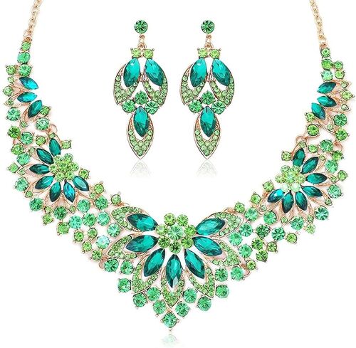 Bijoux, 2 Pcs Parure Bijoux, Femme Cristal Colliers Et D'oreilles, Strass Ensembles De Bijoux, Vintage Boucle Et Colliers, Pour Mariage, Mariée, Demoiselle D'honneur, Femme, Vert