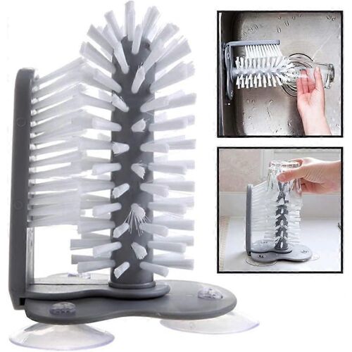 Brosse de nettoyage pour bouteilles d'eau, lave-gobelet en verre avec base à ventouse, brosse à poils pour gobelets à bière, gobelets à long pied, verres à vin rouge, etc., pour bar, cuisine, évier, maison