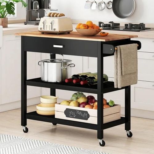 Desserte De Cuisine À 3 Niveaux Costway, Plan De Travail En Bois, Tiroir, 2 Étagères Ouvertes, Roues Verrouillables, Poignée, Noir