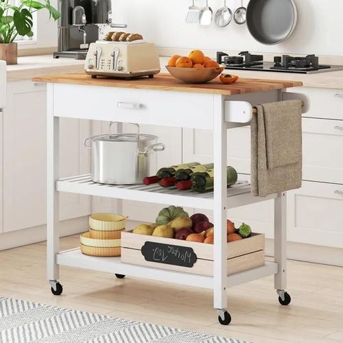Desserte De Cuisine À 3 Niveaux Costway, Plan De Travail En Bois, Tiroir, 2 Étagères Ouvertes, Roues Verrouillables, Poignée, Blanc