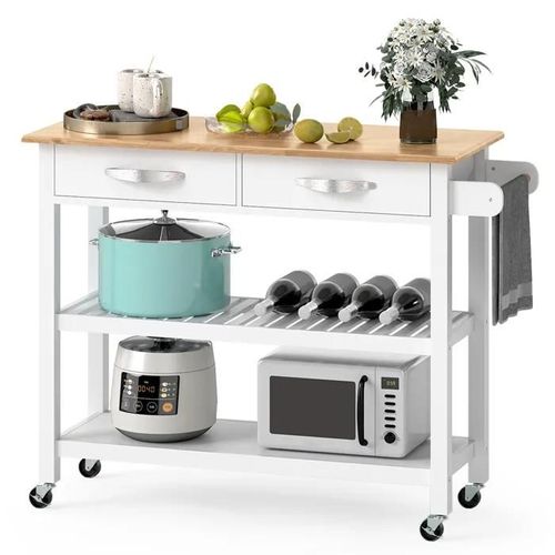 Desserte De Cuisine À 3 Niveaux Costway, Plan De Travail En Bois, 2 Tiroirs, Étagères Ouvertes, Roues Verrouillables, Poignée,Blanc