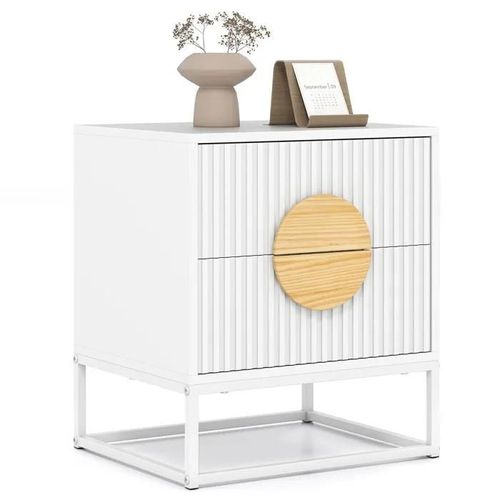 Costway Table De Chevet Avec 2 Tiroirs, Poignées En Bois De Pin & Cadre Métallique, Table D'appoint Pour Salon, Chambre, Blanc