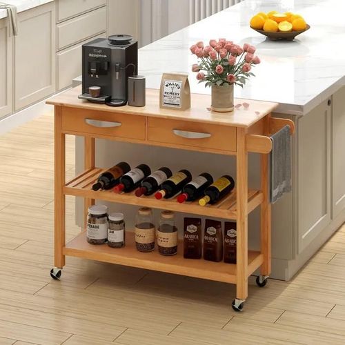 Desserte De Cuisine À 3 Niveaux Costway Plan De Travail En Bois, 2 Tiroirs, Étagères Ouvertes, Roues Verrouillables,Poignée,Naturel