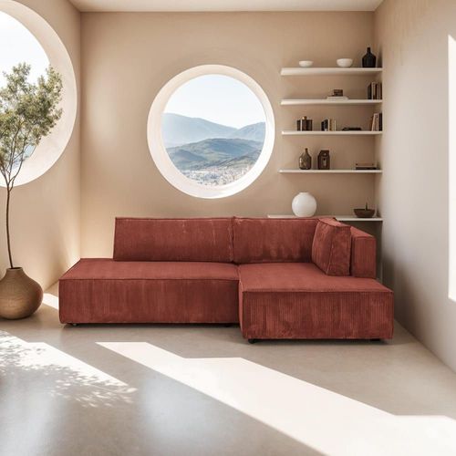 Canapé D'angle À Droite Convertible 3 Places En Velours Côtelé Rouille