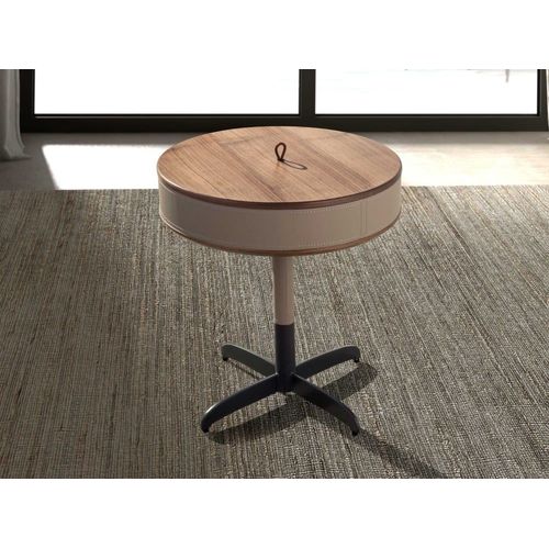 Table D'angle Ronde En Cuir, Noyer Et Acier Gris