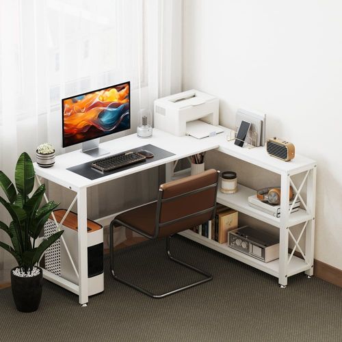 Bureau D'angle Réversible Étagère De Rangement Cadre En Métal Blanc