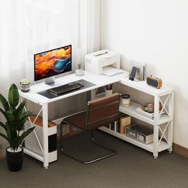 Bureau D'angle Réversible Étagère De Rangement Cadre En Métal Blanc
