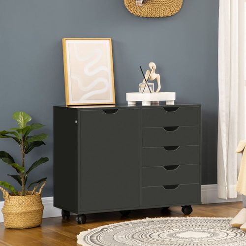 Caisson De Bureau Mobile 5 Tiroirs 1 Porte Panneau De Particules Noir