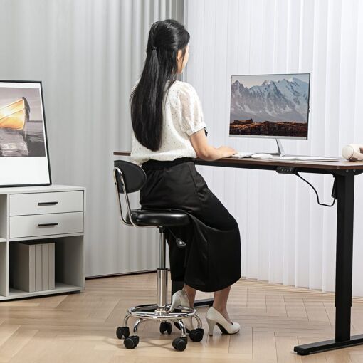 Tabouret Roulant Réglable En Cuir PU Noir - Moderne, Hauteur Ajustable 25.2 Pouces
