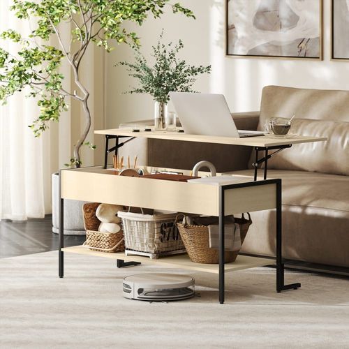 Table Basse Avec Plateau Relevable Panneau De Particules Bois Naturel