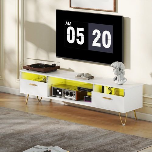 Meuble Tv Led Rgb De 16 Couleurs 2 Tiroirs Étagère Ouverte Mdf Blanc