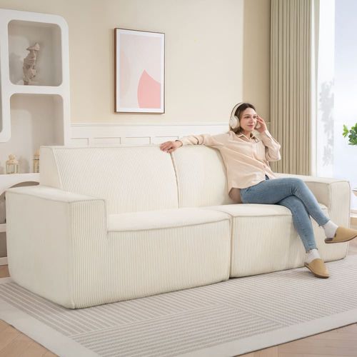 Canapé 3 Places Assise Rembourrée En Velours Côtelé Beige