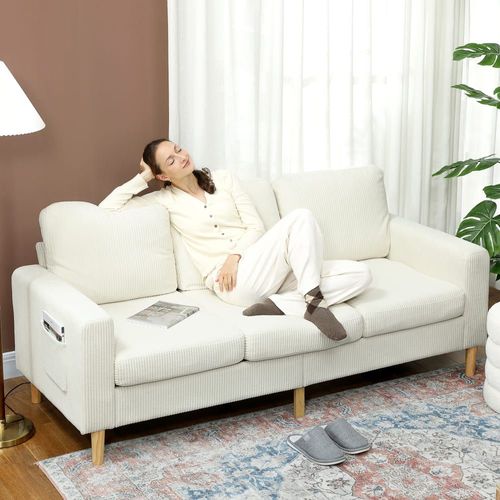 Canapé 3 Places Coussins À Ressorts Tissu Velours Côtelé Beige