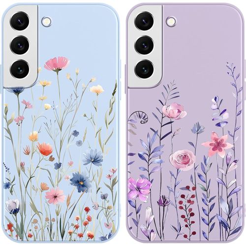 Sjzg-2 Pièces Coque Pour Samsung Galaxy S22 5g 6,1"", Étui Souple Tpu Aesthetic Fleur Motif Dessin Durable Fine Silicone Housse De Antichoc Anti-Rayures Protection Cover Pour Fille, Bleu Violet