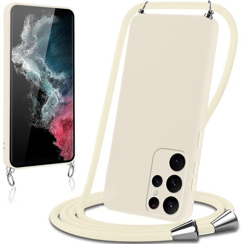 SJZG-Coque Avec Cordon Pour Samsung Galaxy S22 Ultra 5G Collier Lanière Silicone Liquide Bumper Housse Réglable Téléphone Étui Portable Lanyard Case Cover Protection,Beige