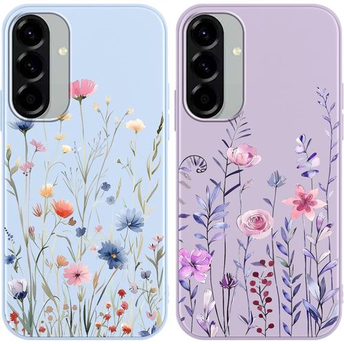 2 Pièces Coque Pour Samsung Galaxy A56 6,7"", Étui Souple Tpu Aesthetic Fleur Motif Dessin Durable Fine Silicone Housse De Antichoc Anti-Rayures Protection Cover Pour Femme Fille, Bleu Violet
