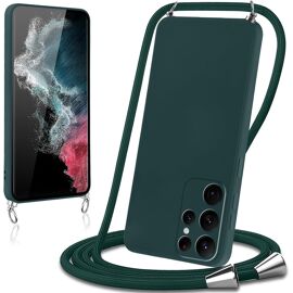 Coque Avec Cordon Pour Samsung Galaxy S22 Ultra 5G Collier Lanière Silicone Liquide Bumper Housse Réglable Téléphone Étui Portable Lanyard Case Cover Protection,Vert[POP946023]