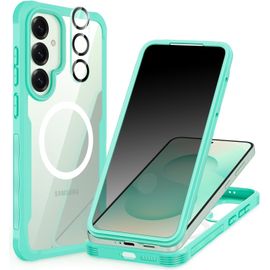 Anti Espion Coque Samsung Galaxy S25, Avec Protection Écran Verre Trempé Anti Espion Et Protecteur Caméra, 360° Antichoc Téléphone Magnétique Housse Double Face Case Intégrale Etui - Vert