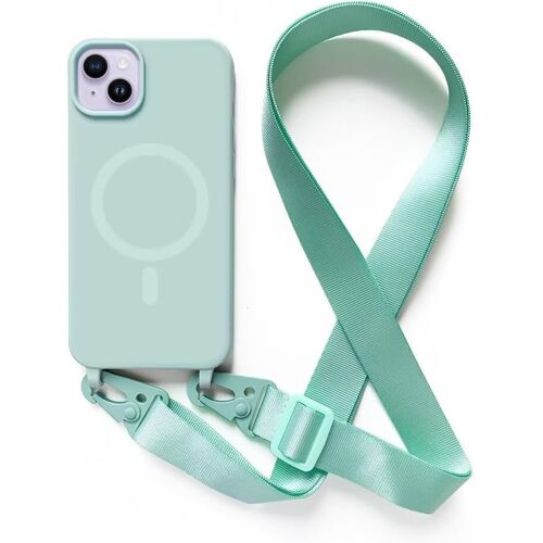 SJZG-Magnétique Coque Avec Collier Compatible Avec Iphone 14 Plus,Tour De Cou Lanière En Corde Pendentif Housse,Menthe Verte