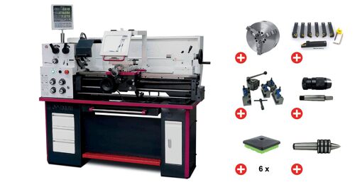 Tour à métaux hauteur des pointes 165 mm entre-pointes 830 mm alésage 38 mm 1,5 kW 400V avec accessoires essentiels Optiturn TH3309D PACK