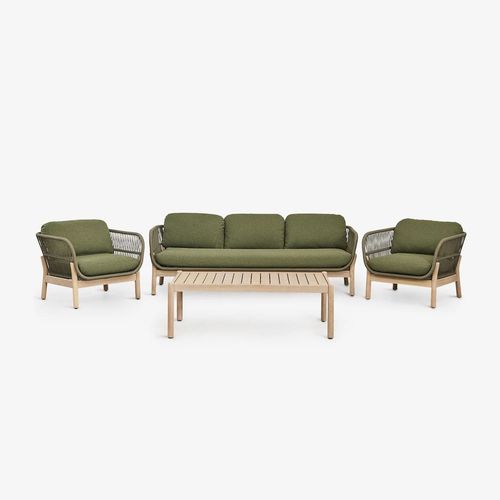 Salon De Jardin Karvia Composé D'un Canapé 3 Places, 2 Fauteuils Et Table Basse En Aluminium Et Bois D'acacia Acacia Marron Clair