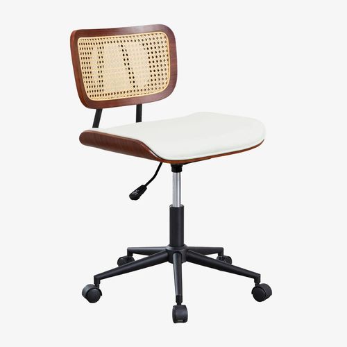 Chaise De Bureau Raysa À Roulettes En Bois, Rotin Et Similicuir Bois Foncé