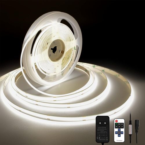 Ruban Led Cob 4000k, 5m Dc24v Bande Led Blanc Naturel Avec Alimentation Et Télécommande, 480leds/M, Cri 93+, Largeur 8mm, Bandeau Lumineux Pour La Décoration De La Chambre