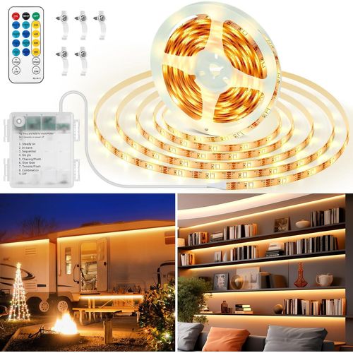Kalanka-Bande Led Blanche Chaude De 5 M Avec Piles, 150 Led, Autocollante, Avec 8 Modes, Minuterie, Télécommande, À Intensité Variable, Pour Cuisine, Chambre À Coucher, Étagère, Découpable