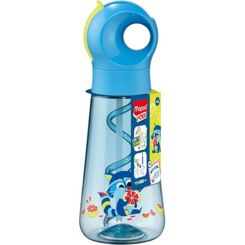KALANKA-MAPED Picnik - Gourde Ecozen Raton Laveur Bleu Fluo - Paille Intégrée qui fait des Bulles - Ouverture Manuelle Facile - Poignée Intégrée, Gourde Étanche en Matériau Bio-Sourcé - 500ml