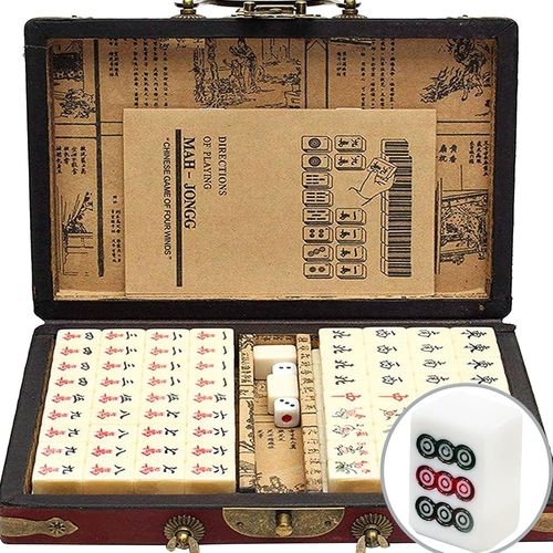 Jeu De Mahjong,Mini Jeu De Mahjong Chinois,Structure Solide, Jeux De Société Traditionnels Chinois Majiang, 144 Tuiles, 2 Dés Et Étui De Transport En Cuir