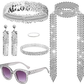 Kalanka-7 Pièces Deguisement Disco Des Années 1970, D'accessoires De Disco Lunette Bandeau Bracelet Collier Anneaux Boucles D'oreilles Écharpe Pour Femmes Fête D'anniversaire Annee 70 80